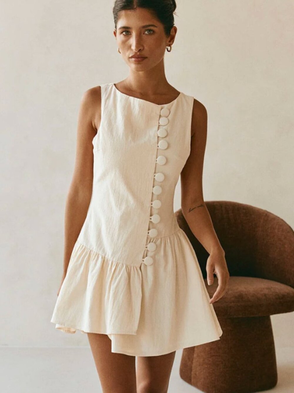 Sabo Cream Button Up Boat Neck Sleeveless Mini Dress - Size XS